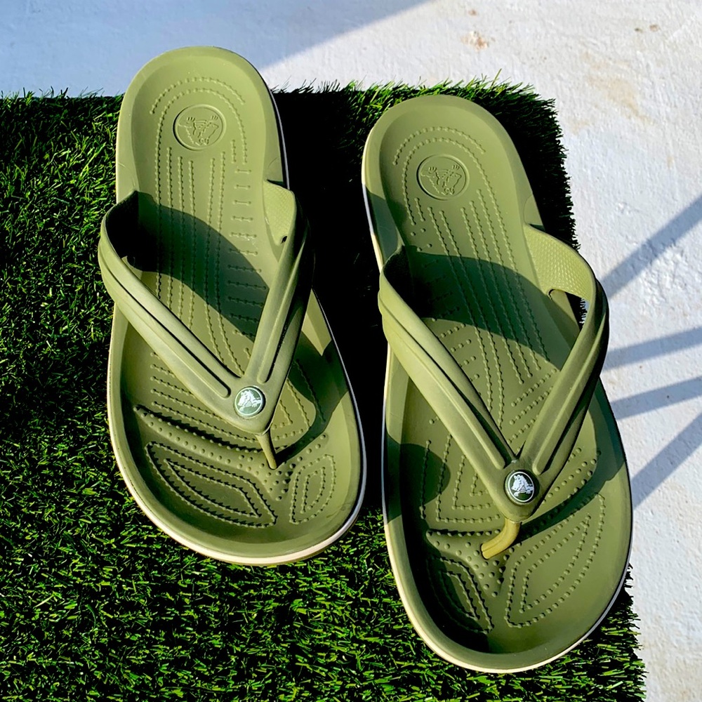 Crocs Sandals US Mens Size 12 Olive Green Athens Thong Rubber Flip Flops